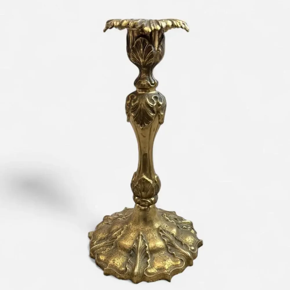 Vintage French Brass Heavy Weight Candlestick w Ornate Floral & Leaf Design